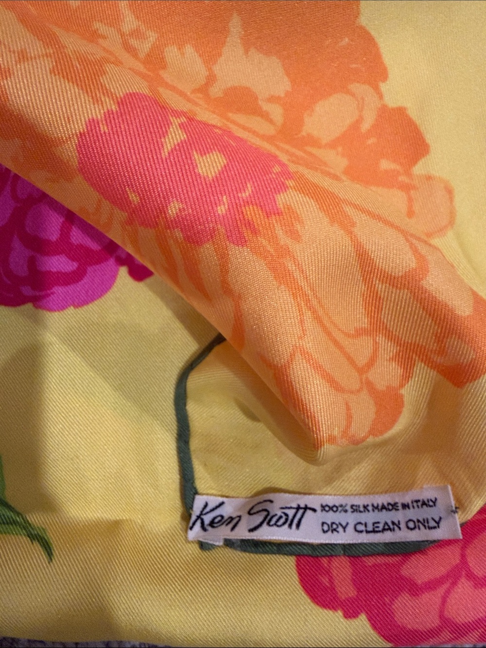Vintage Ken Scott Bright Yellow Floral Scarf with Pink Orange Red Blooms - Picture 3 of 3